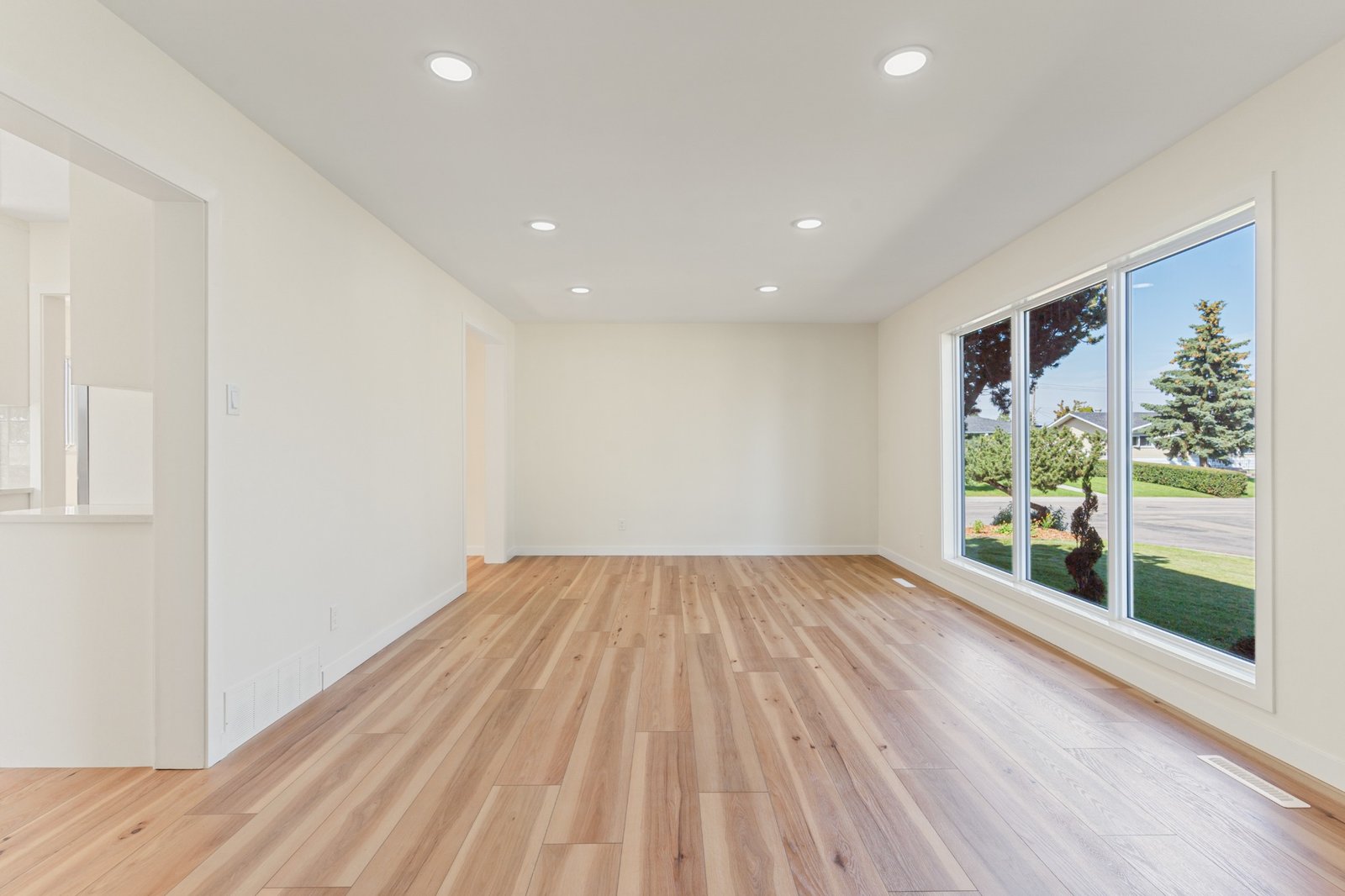 Living area with wood flooring and recessed lighting from a recent WestForge renovation