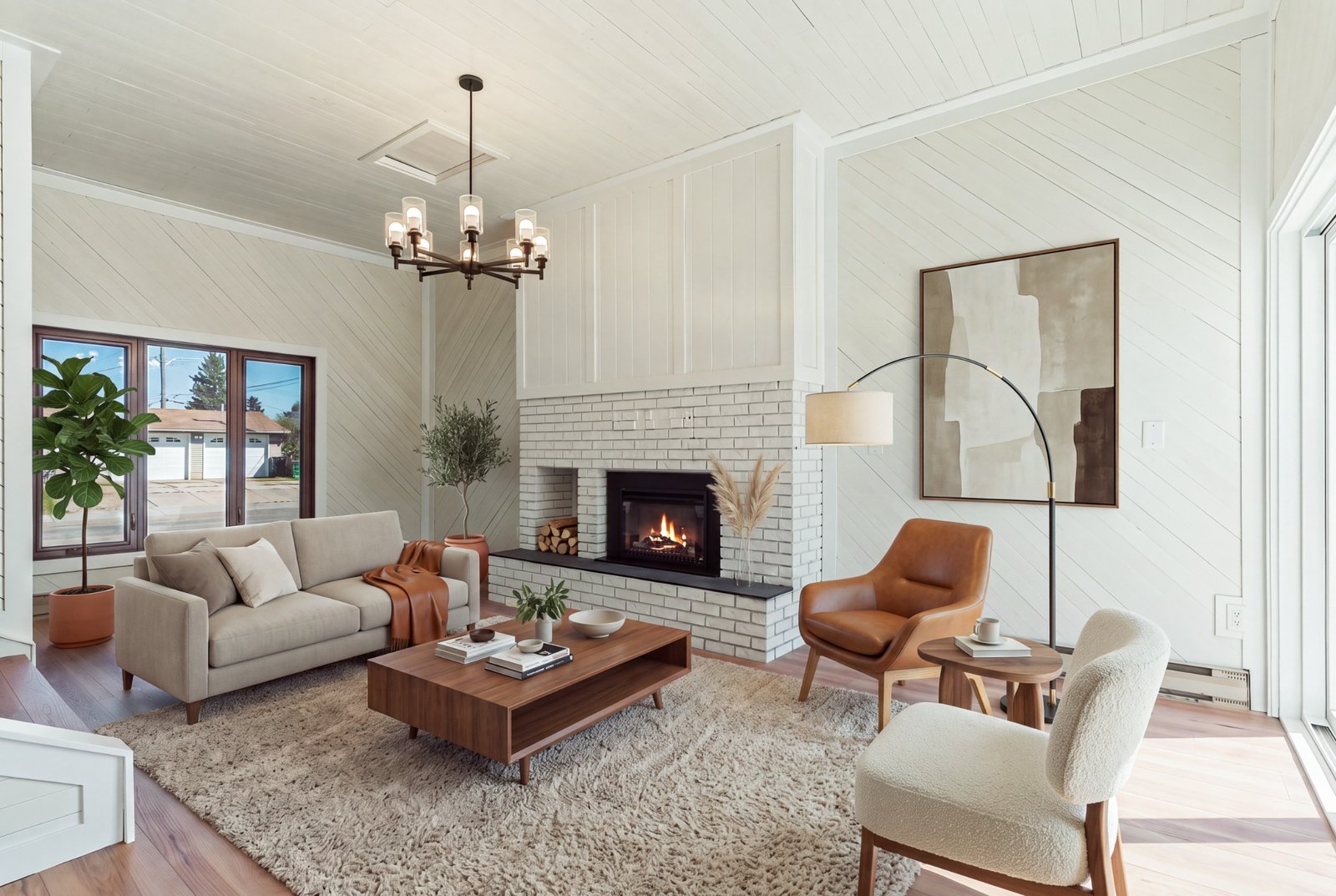 Finished living room with a white brick fireplace, wall panelling and wood flooring